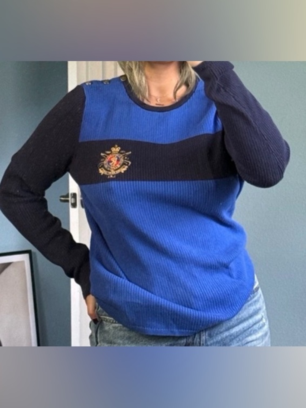 Lauren Ralph Lauren Blue and Navy Colorblock Crest Sweater